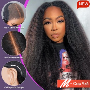 Wigfever M-cap Kinky Straight 9x6 Wear Go Glueless Bleached Tiny Knots Pre-Cut Lace Closure Pre Plucked Human Hair Wig