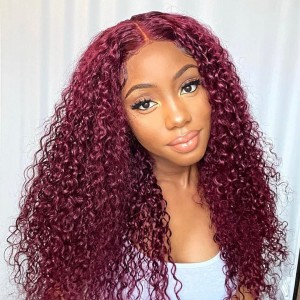Wigfever 99J Kinky Curly Wigs With Lace Frontal Burgundy Human Hair Wigs For Sale