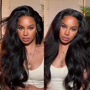 Wigfever Kinky Straight Wear Go Pre Bleached Invisible Knots Glueless 7*4 Pre Plucked HD Lace Closure Wig