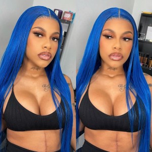 Wigfever Silky Straight 4*4 Lace Closure Blue Colour Human Hair Lace Wigs