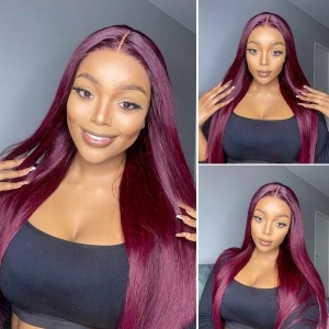 Wigfever Burgundy Silky Straight 180% Density 13*4 Lace Front Human Hair Wigs