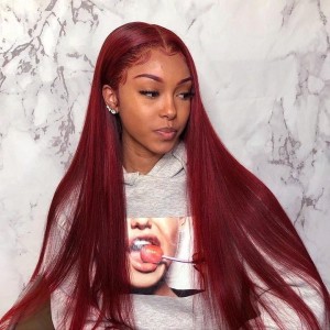 Wigfever Burgundy Silky Straight 180% Density 13*4 Lace Front Human Hair Wigs