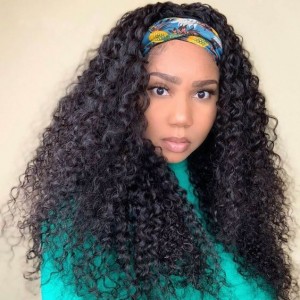 Wigfever Headband Water Wave Wigs With Scarf Natural Black Glueless Human Hair No Sew In
