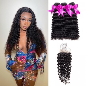 Wigfever Deep Wave Bundles With Closure Remy Human Hair 3 Bundles With 4*4 Lace Closure Human Hair Extensions