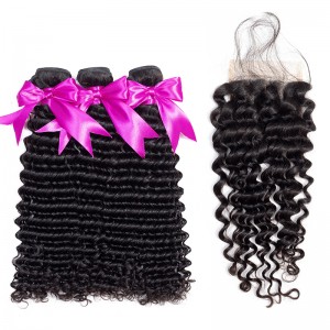 Wigfever Deep Wave Bundles With Closure Remy Human Hair 3 Bundles With 4*4 Lace Closure Human Hair Extensions