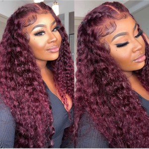 Wigfever Cherry Red Deep Wave 99J Color 13*4 Lace Front Human Hair Wigs