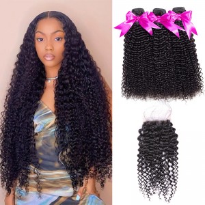 Wigfever Kinky Curly Bundles With Closure Remy Human Hair 3 Bundles With 4*4 Lace Closure Human Hair Extensions
