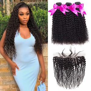 Wigfever Kinky Curly Human Hair 3Bundles With 13x4 Lace Frontal 100% Human Hair Extensions