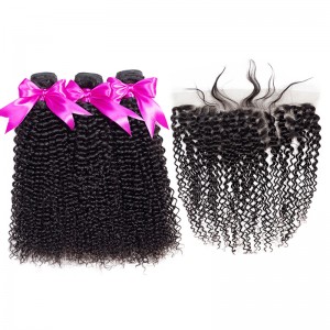 Wigfever Kinky Curly Human Hair 3Bundles With 13x4 Lace Frontal 100% Human Hair Extensions