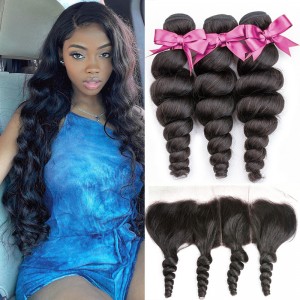 Wigfever Loose Wave Human Hair 3Bundles With 13x4 Lace Frontal 100% Human Hair Extensions