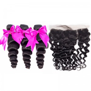 Wigfever Loose Wave Human Hair 3Bundles With 13x4 Lace Frontal 100% Human Hair Extensions