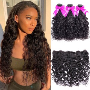 Wigfever Natural Wave Human Hair 3Bundles With 13x4 Lace Frontal 100% Human Hair Extensions