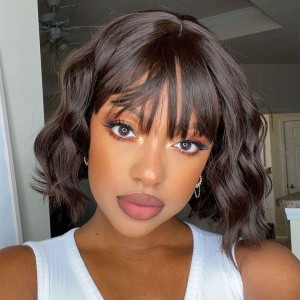 Wigfever Short Body Wave Bob with Bangs Machine Made Wig Non Lace Human Hair Wig