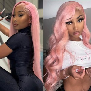 Wigfever Salmon Pink Silky Straight 13*4 Lace Front 100% Human Hair wigs