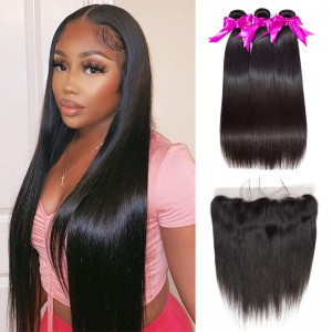 Wigfever Straight Hair 3 Bundles With 13x4 Lace Frontal 100% Human Hair Extensions