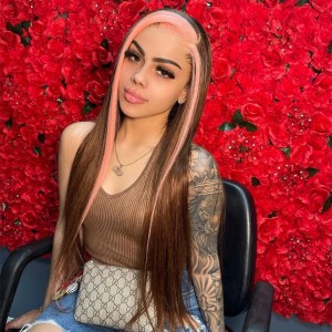Wigfever Skunk Stripe Hair Light Pink & Chocolate Color Silky Straight Lace Front Human Hair Wigs