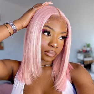 Wigfever Light Pink Short Bob Wig Straight Human Hair Lace Wigs