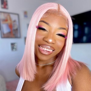 Wigfever Light Pink Short Bob Wig Straight Human Hair Lace Wigs