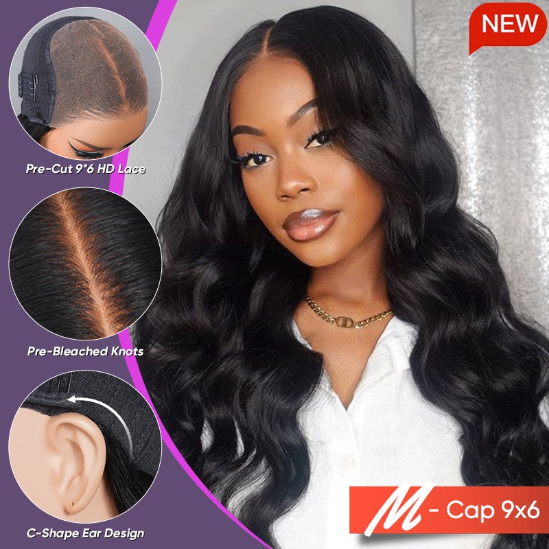 Wigfever M-cap Body Wave 9x6 Wear Go Glueless Bleached Tiny Knots Pre-Cut HD Lace Closure Pre Plucked Human Hair Wig