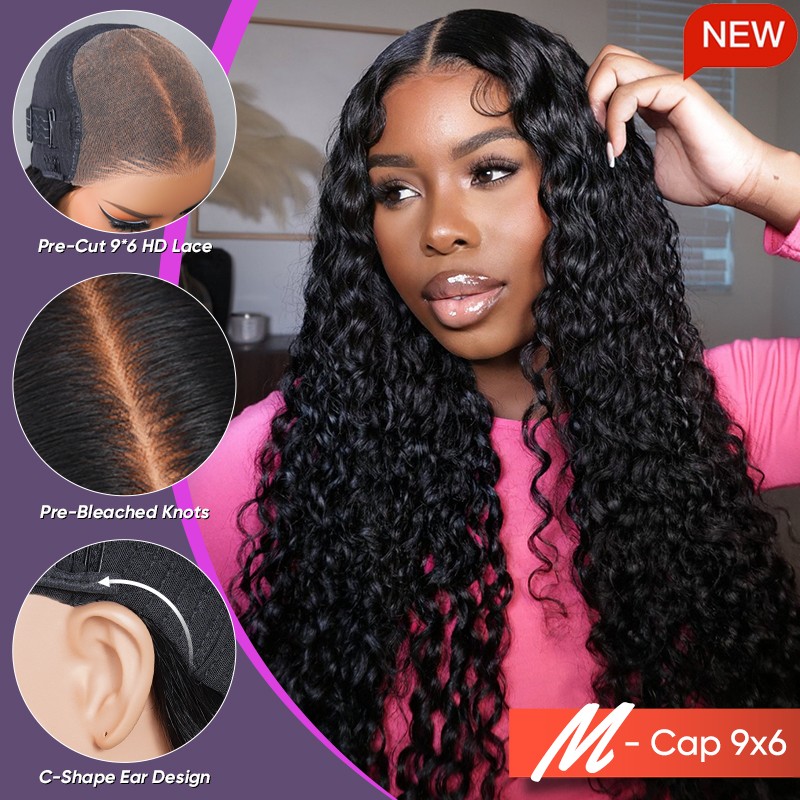 Wigfever M-cap Water Wave 9x6 Wear Go Glueless Bleached Tiny Knots Pre-Cut Lace Closure Pre Plucked Human Hair Wig